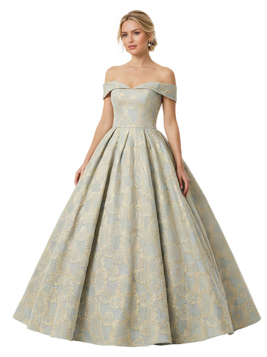 Modern Floral Jacquard Off Shoulder Floor-Length A-Line Long Formal Evening Dresses