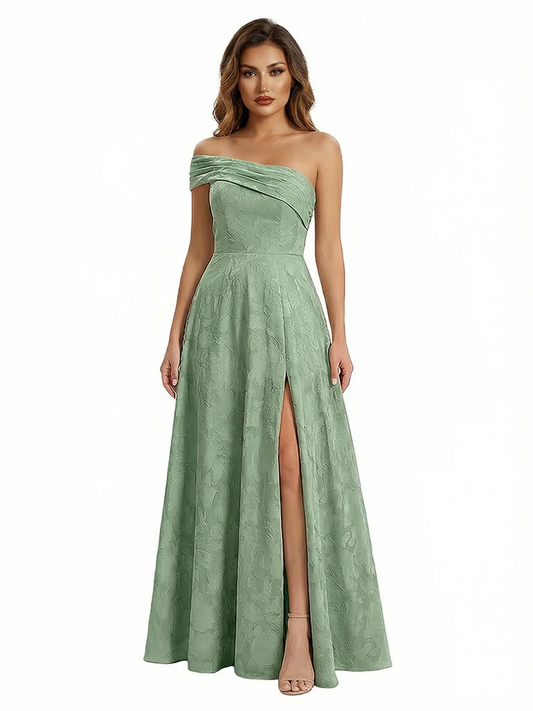 Elegant One Shoulder Floral Burnout Chiffon A-Line Formal Evening Dresses Side Slit