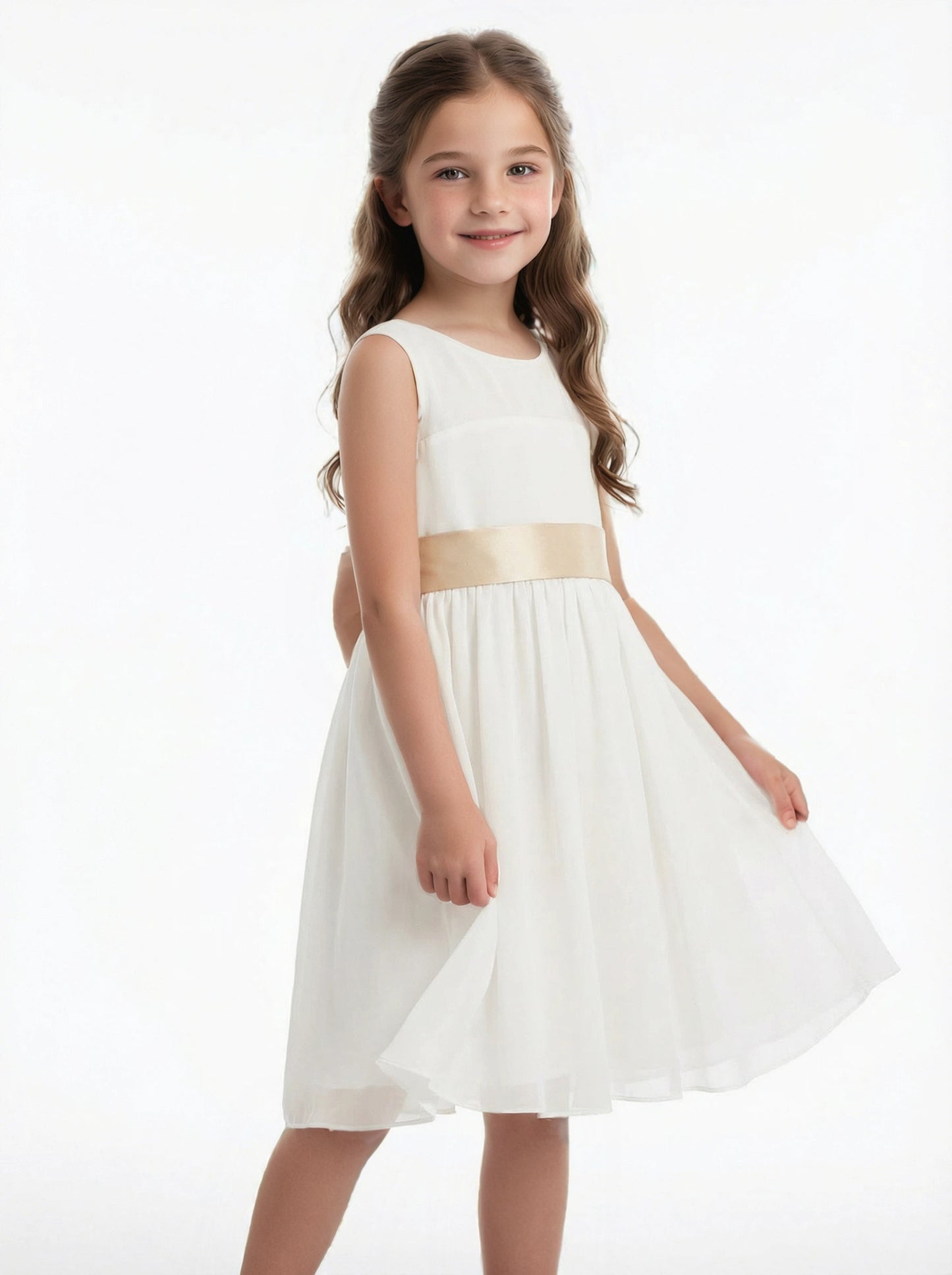 Sleeveless A Line Flower Girl Dress with Satin Waistband Soft Tulle Knee Length Skirt