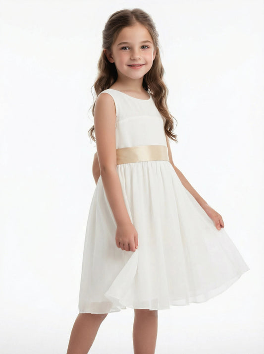 Sleeveless A Line Flower Girl Dress with Satin Waistband Soft Tulle Knee Length Skirt