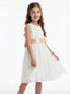Sleeveless A Line Flower Girl Dress with Satin Waistband Soft Tulle Knee Length Skirt
