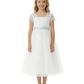 Lace Bodice Flower Girl Dress with Spaghetti-Straps Short Sleeves Tulle Knee Length Princess Gown