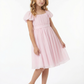 Chiffon A Line Flower Girl Dress with Square Neck Puff Sleeves and Pleated Midi Skirt
