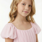 Chiffon A Line Flower Girl Dress with Square Neck Puff Sleeves and Pleated Midi Skirt