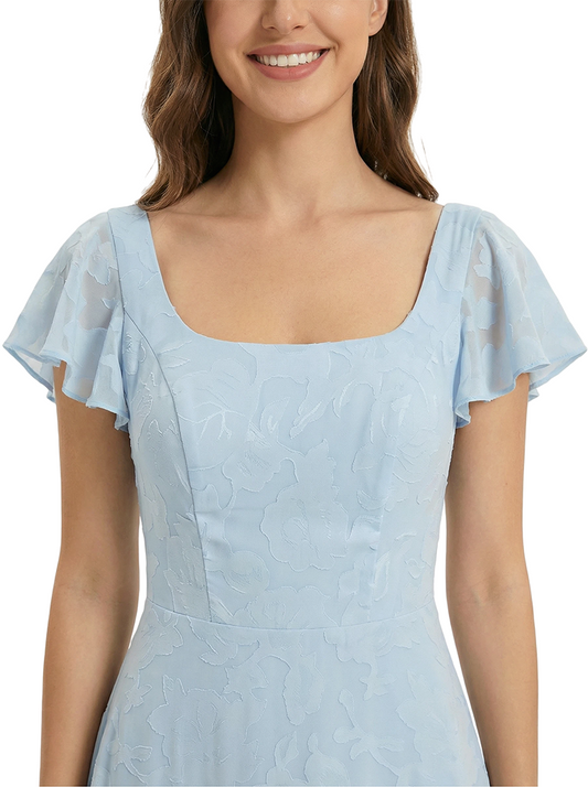 Elegant Flutter Sleeves Square Ruching Floral Burnout Chiffon A-line Formal Evening Dresses