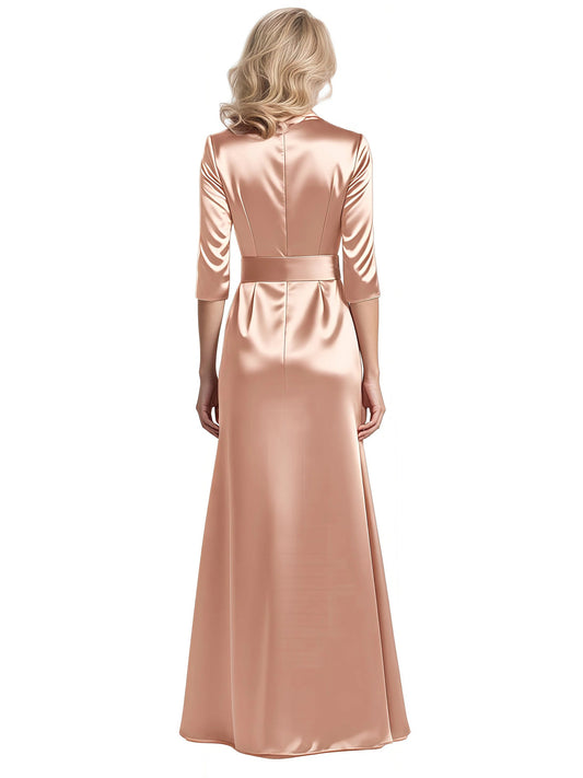 V-Neck Satin Elegant Mother of The Bride Dress Wedding Formal Gowns Slit