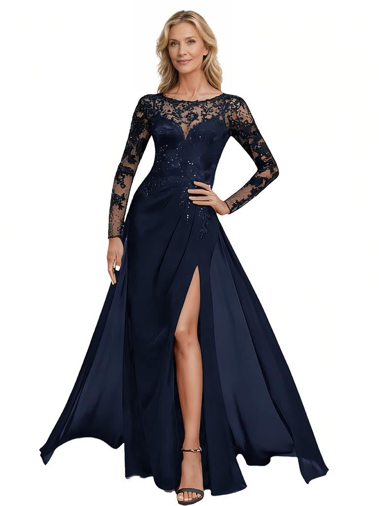 Long Sleeve Elegant Mother of The Bride Dress Evening Formal Gowns Lace Slit