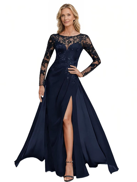 Long Sleeve Elegant Mother of The Bride Dress Evening Formal Gowns Lace Slit