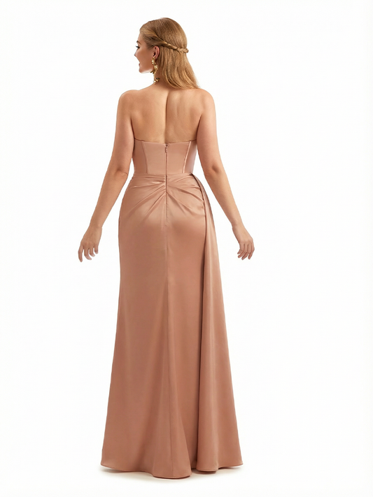 Sexy Sweetheart Ruched Mermaid Soft Satin Unique Long Formal Dresses Side Slit