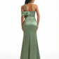 Modern One Shoulder Mermaid Ruched Satin Long Formal Dresses For Women Side Slit