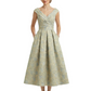 Kiarelys Modern Floral Jacquard V-Neck Cap Sleeves Tea-Length A-Line Long Formal Evening Dresses