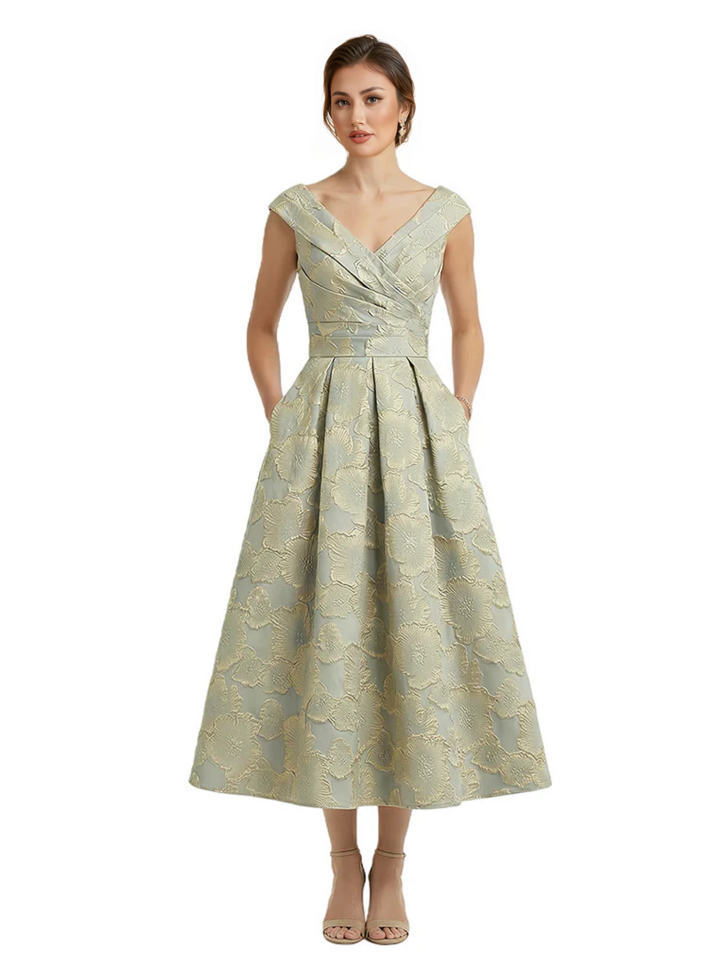 Kiarelys Modern Floral Jacquard V-Neck Cap Sleeves Tea-Length A-Line Long Formal Evening Dresses