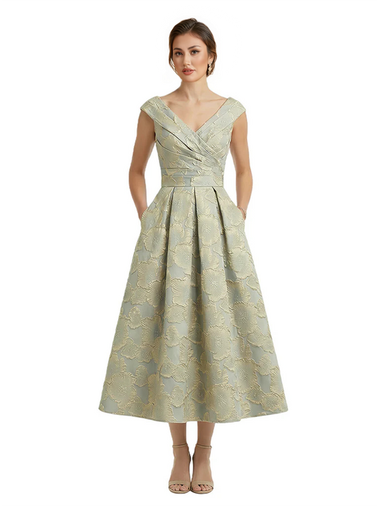 Kiarelys Modern Floral Jacquard V-Neck Cap Sleeves Tea-Length A-Line Long Formal Evening Dresses