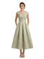 Kiarelys Modern Floral Jacquard V-Neck Cap Sleeves Tea-Length A-Line Long Formal Evening Dresses