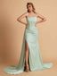 Elegant Satin Spaghetti Straps Mermaid Side Slit Floor Length Bridesmaid Dresses