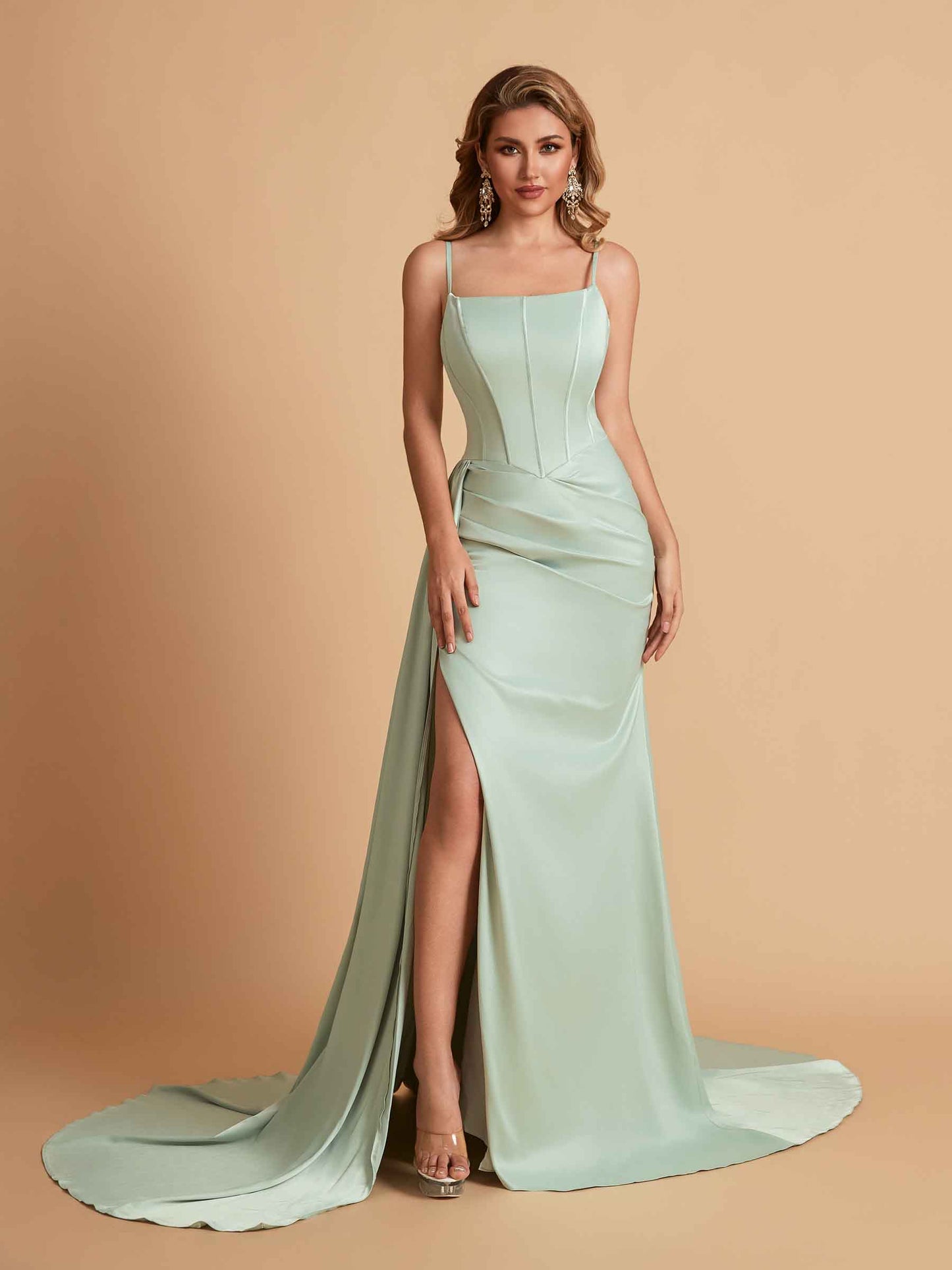Elegant Satin Spaghetti Straps Mermaid Side Slit Floor Length Bridesmaid Dresses