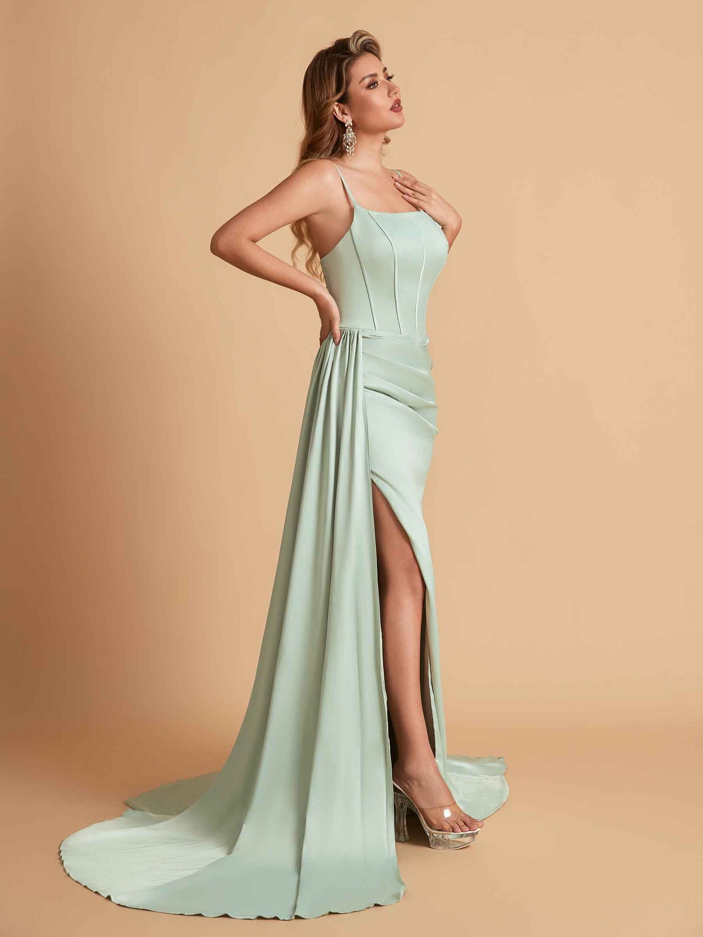 Elegant Satin Spaghetti Straps Mermaid Side Slit Floor Length Bridesmaid Dresses