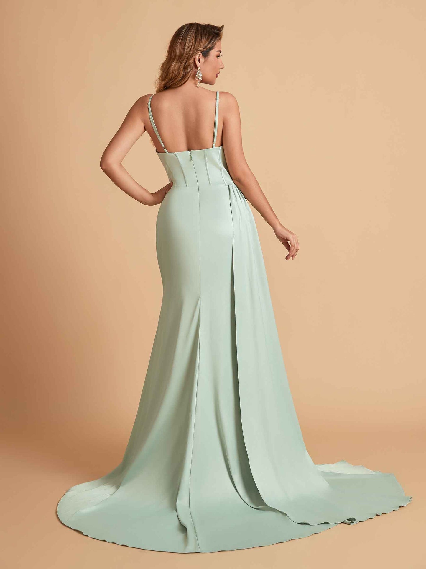 Elegant Satin Spaghetti Straps Mermaid Side Slit Floor Length Bridesmaid Dresses
