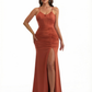 Women's Elegant Ruched Mermaid Soft Satin Floor Length Evening Dresses Side Slit Spaghetti Straps