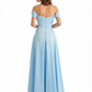 Sexy Off Shoulder Ruched Satin Ruffle A-Line Silky Satin Long Formal Dresses