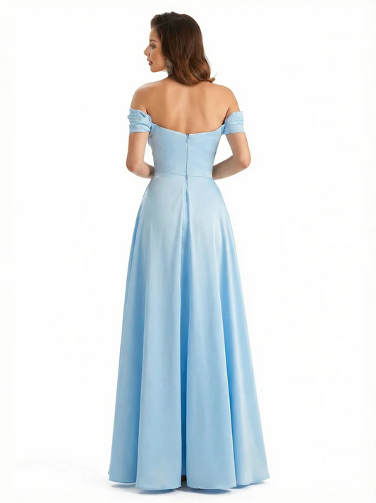 Sexy Off Shoulder Ruched Satin Ruffle A-Line Silky Satin Long Formal Dresses