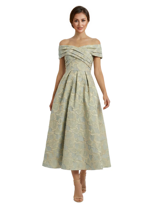 Kiarelys Elegant Floral Jacquard Off Shoulder Ruched A-Line Long Formal Evening Dresses