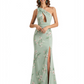 Simple One Shoulder Side Slit Mermaid Floral Satin Maxi Floral Formal Dresses For Women