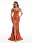 Sexy Cold Shoulder Mermaid Metallic Shiny Fabric Long Formal Dresses Side Slit