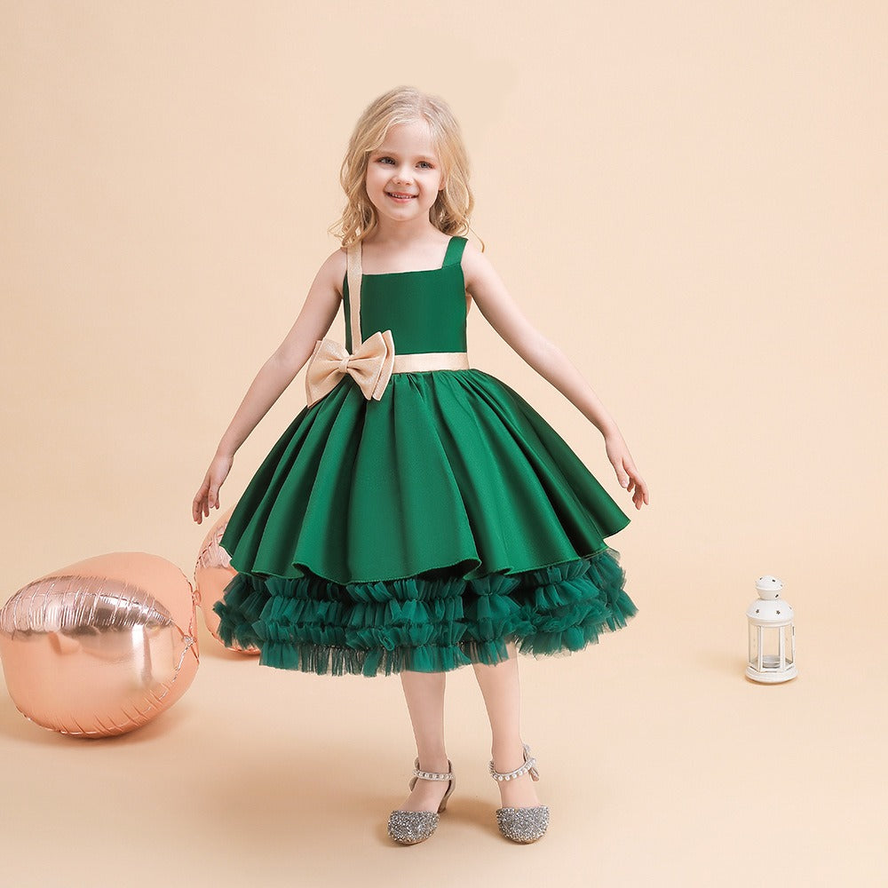 Elegant Bow Flower Girls Dress Satin Tulle Princess Gown for Wedding