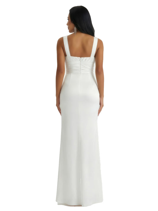Elegant Womne's Mermaid Ruched Silky Satin Floor Length Evening Dresses Side Slit
