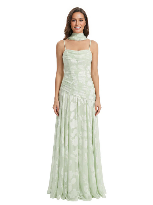 Elegant Spaghetti Straps Floral Burnout Chiffon A-Line Formal Evening Dresses