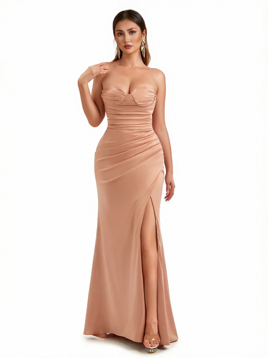 Sexy Sweetheart Ruched Mermaid Silky Satin Maxi Formal Dresses Side Slit
