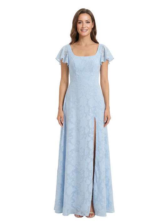 Elegant Flutter Sleeves Square Ruching Floral Burnout Chiffon A-line Formal Evening Dresses
