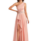 Sexy One Shoulder Ruffle Side Slit A-Line Ruched Satin Long Formal Dresses For Women