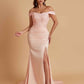 Elegant Soft Satin Mermaid Off Shoulder Side Slit Floor-Length Mermaid Bridesmaid Dresses
