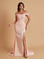 Elegant Soft Satin Mermaid Off Shoulder Side Slit Floor-Length Mermaid Bridesmaid Dresses