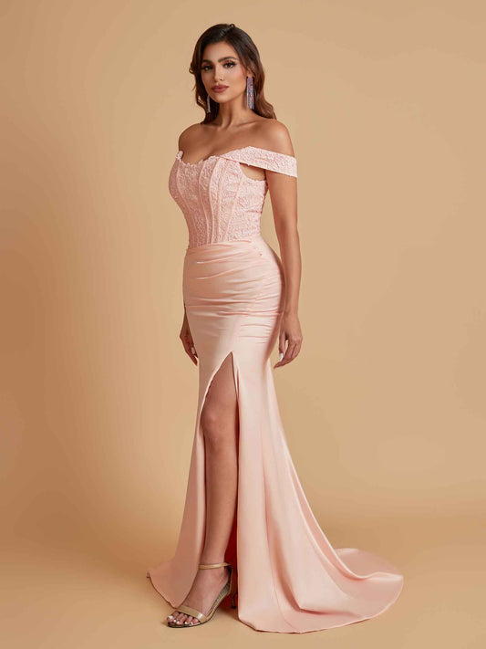 Elegant Soft Satin Mermaid Off Shoulder Side Slit Floor-Length Mermaid Bridesmaid Dresses