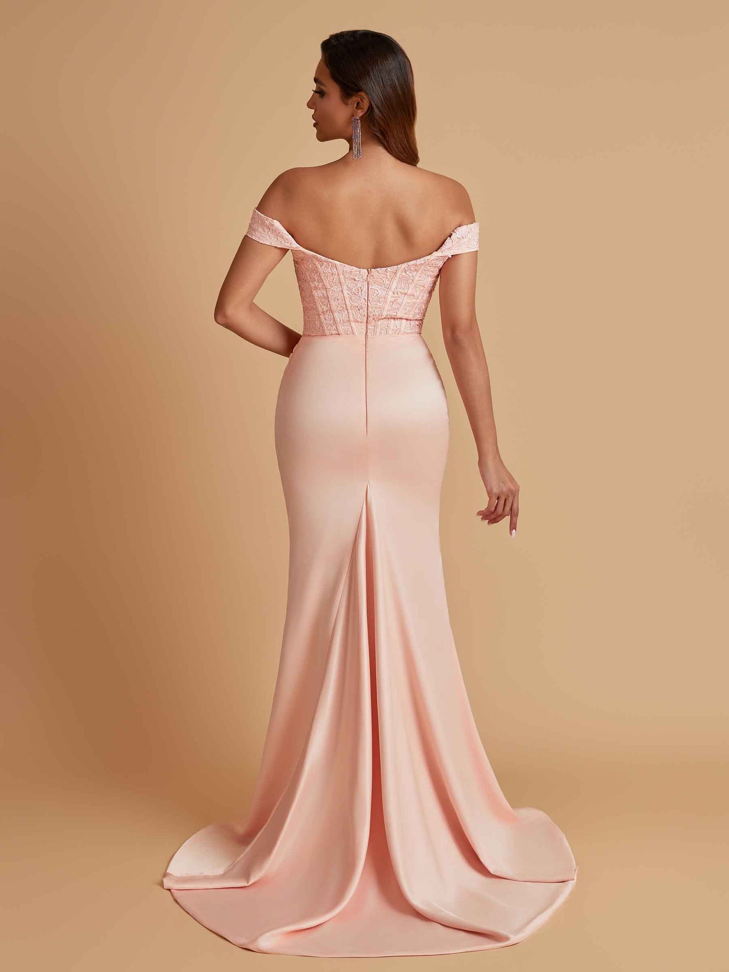 Elegant Soft Satin Mermaid Off Shoulder Side Slit Floor-Length Mermaid Bridesmaid Dresses