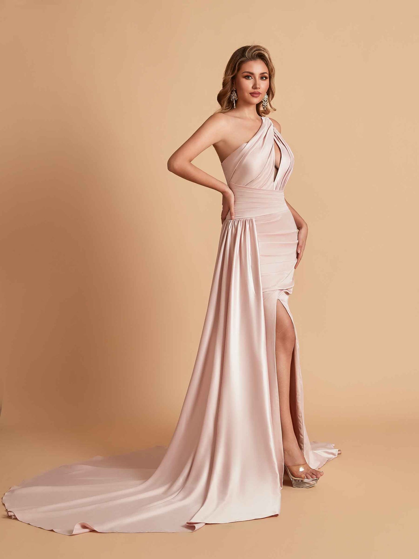 Sexy Satin Mermaid One Shoulder Side Slit Long Bridesmaid Dresses