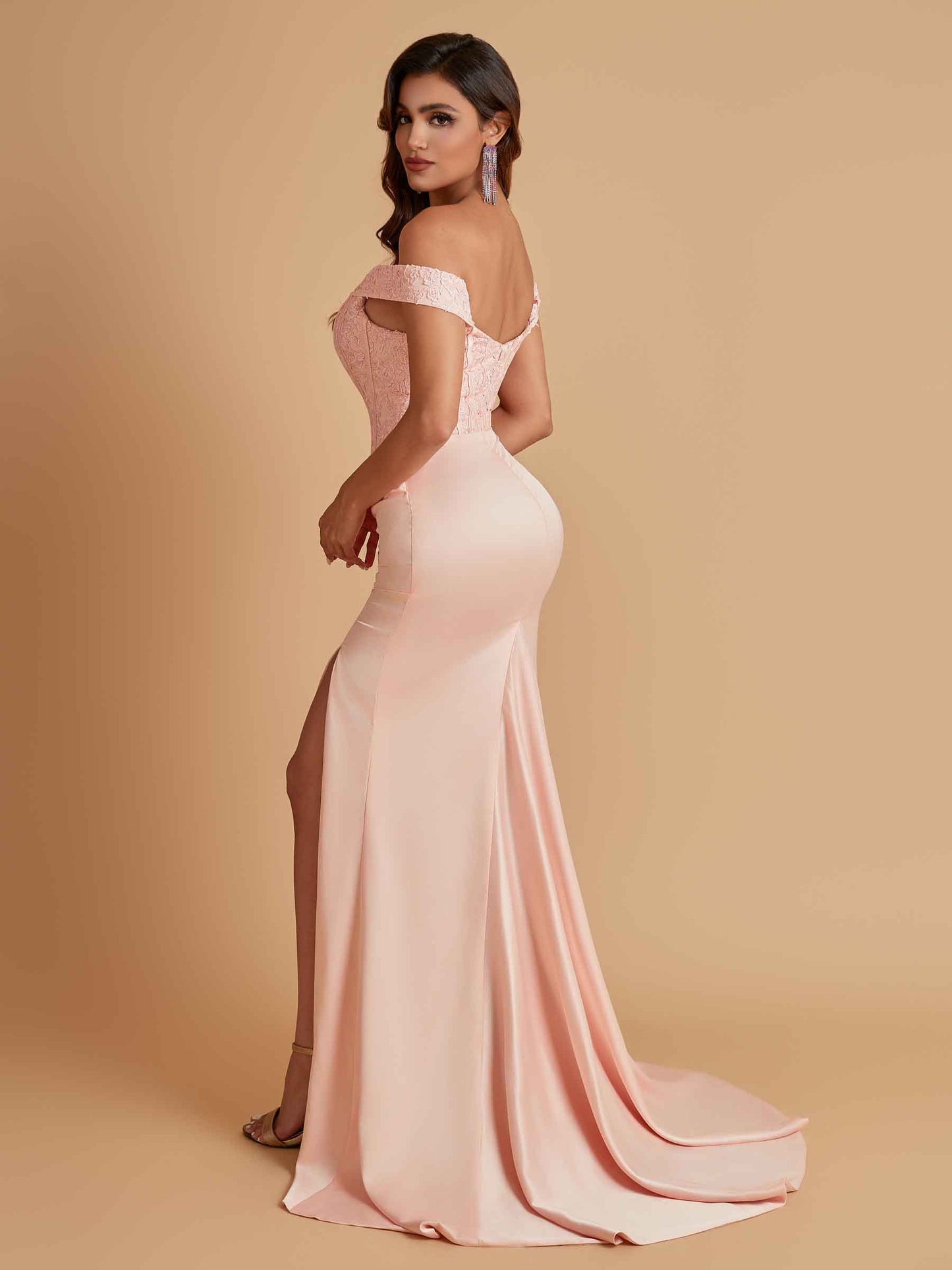 Elegant Soft Satin Mermaid Off Shoulder Side Slit Floor-Length Mermaid Bridesmaid Dresses