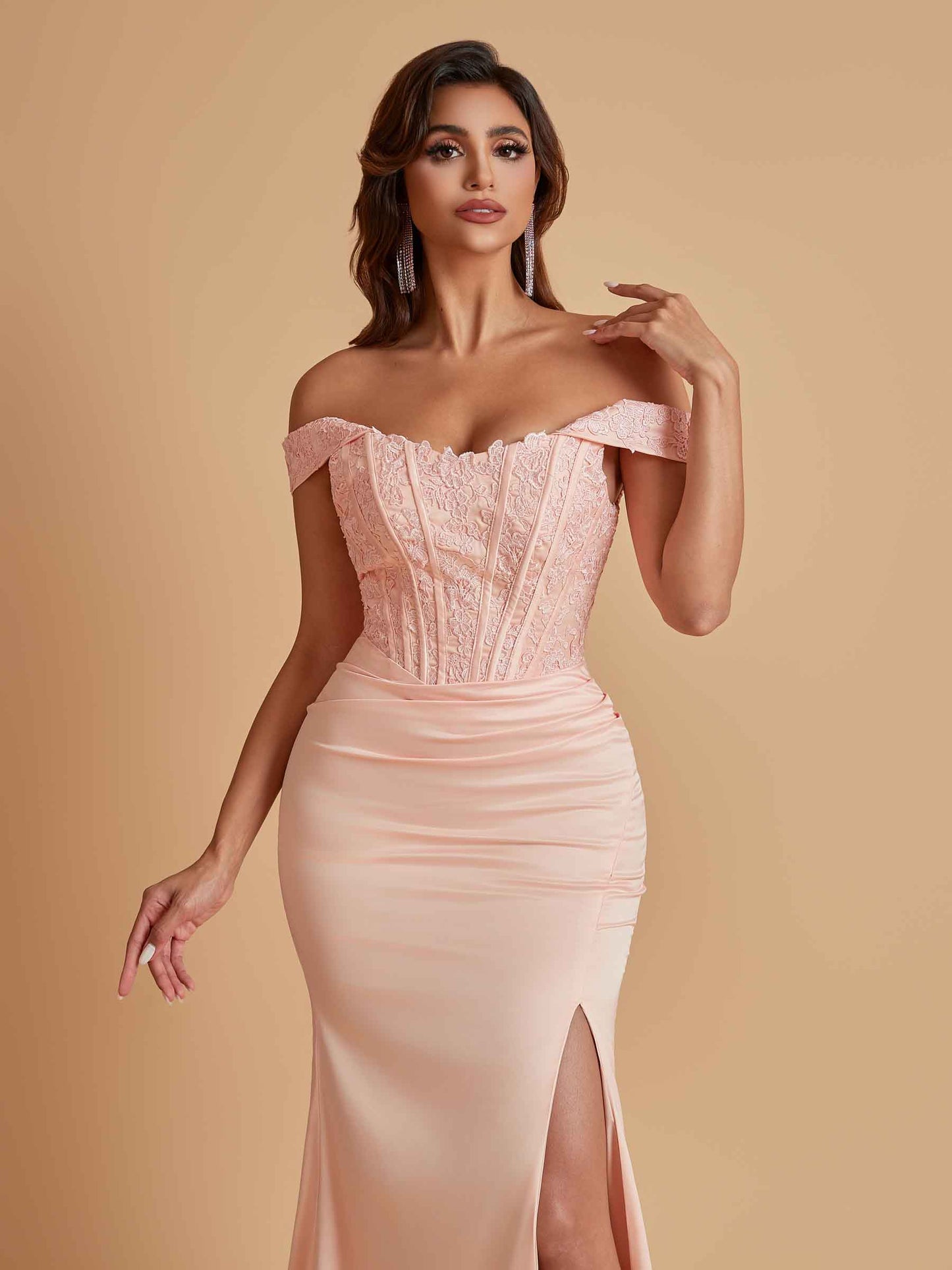 Elegant Soft Satin Mermaid Off Shoulder Side Slit Floor-Length Mermaid Bridesmaid Dresses
