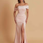 Elegant Soft Satin Mermaid Off Shoulder Asymmetrical Side Slit Floor-Length Bridesmaid Dresses