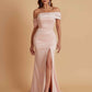 Elegant Soft Satin Mermaid Off Shoulder Asymmetrical Side Slit Floor-Length Bridesmaid Dresses