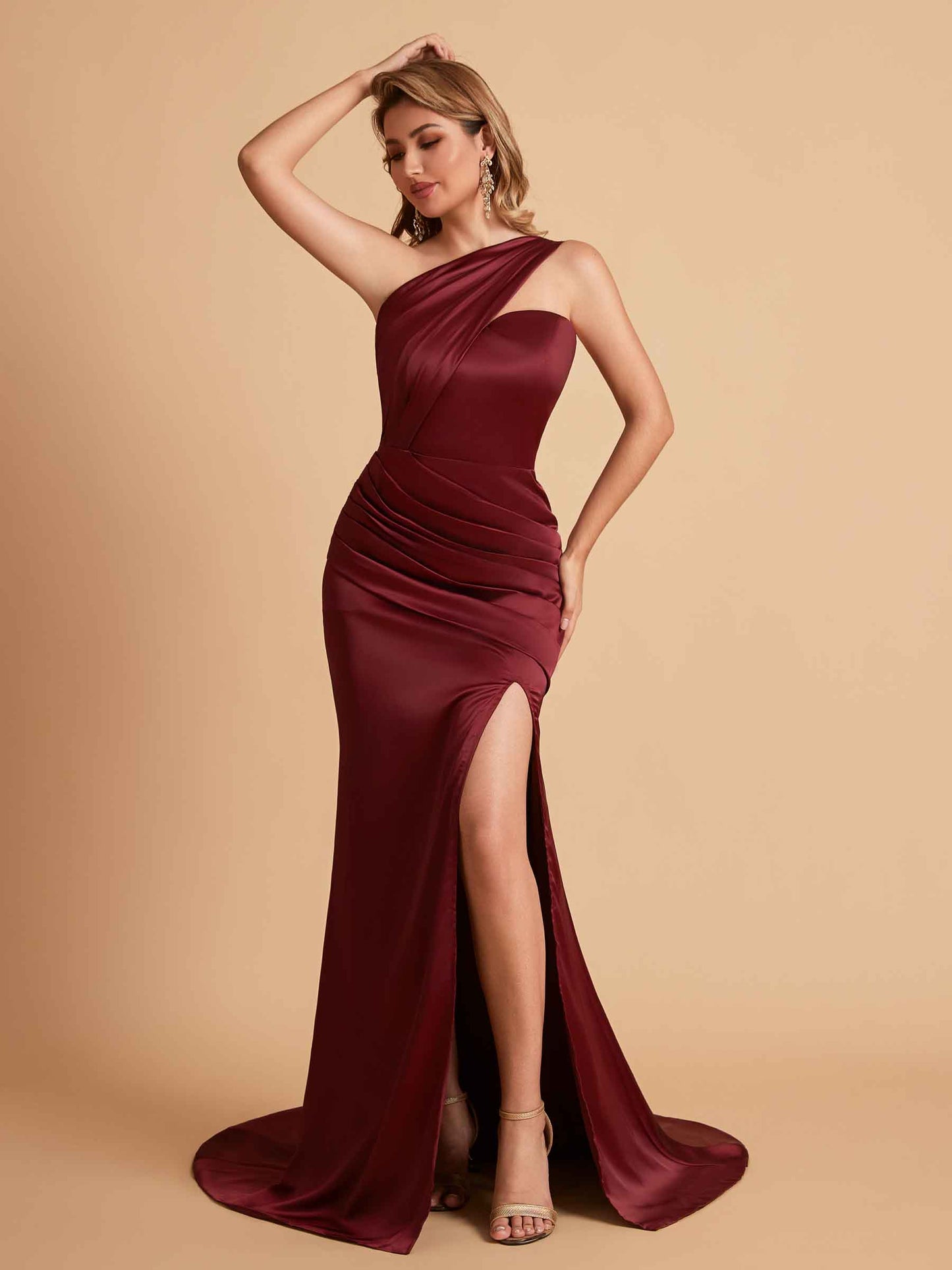 Sexy Satin Mermaid One Shoulder Side Slit Maxi Long Bridesmaid Dresses Online
