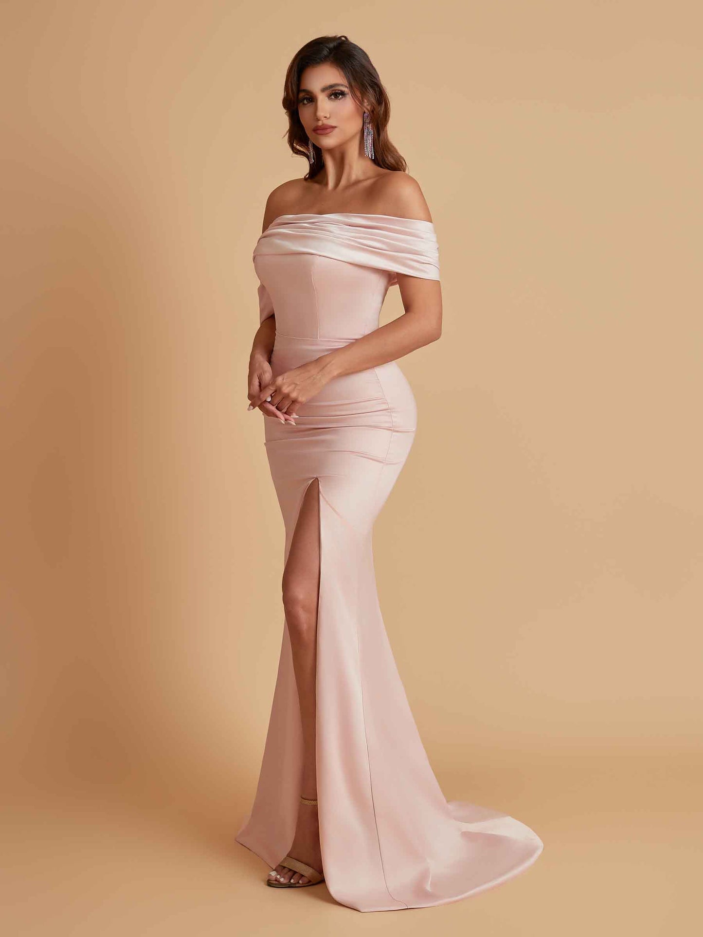 Elegant Soft Satin Mermaid Off Shoulder Asymmetrical Side Slit Floor-Length Bridesmaid Dresses
