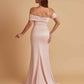 Elegant Soft Satin Mermaid Off Shoulder Asymmetrical Side Slit Floor-Length Bridesmaid Dresses