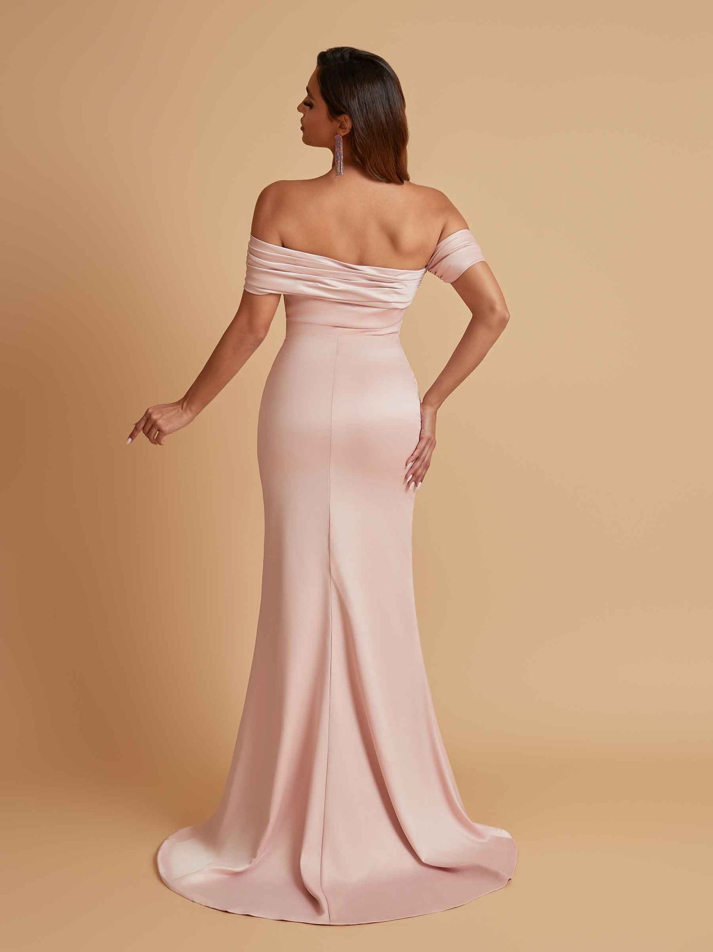 Elegant Soft Satin Mermaid Off Shoulder Asymmetrical Side Slit Floor-Length Bridesmaid Dresses