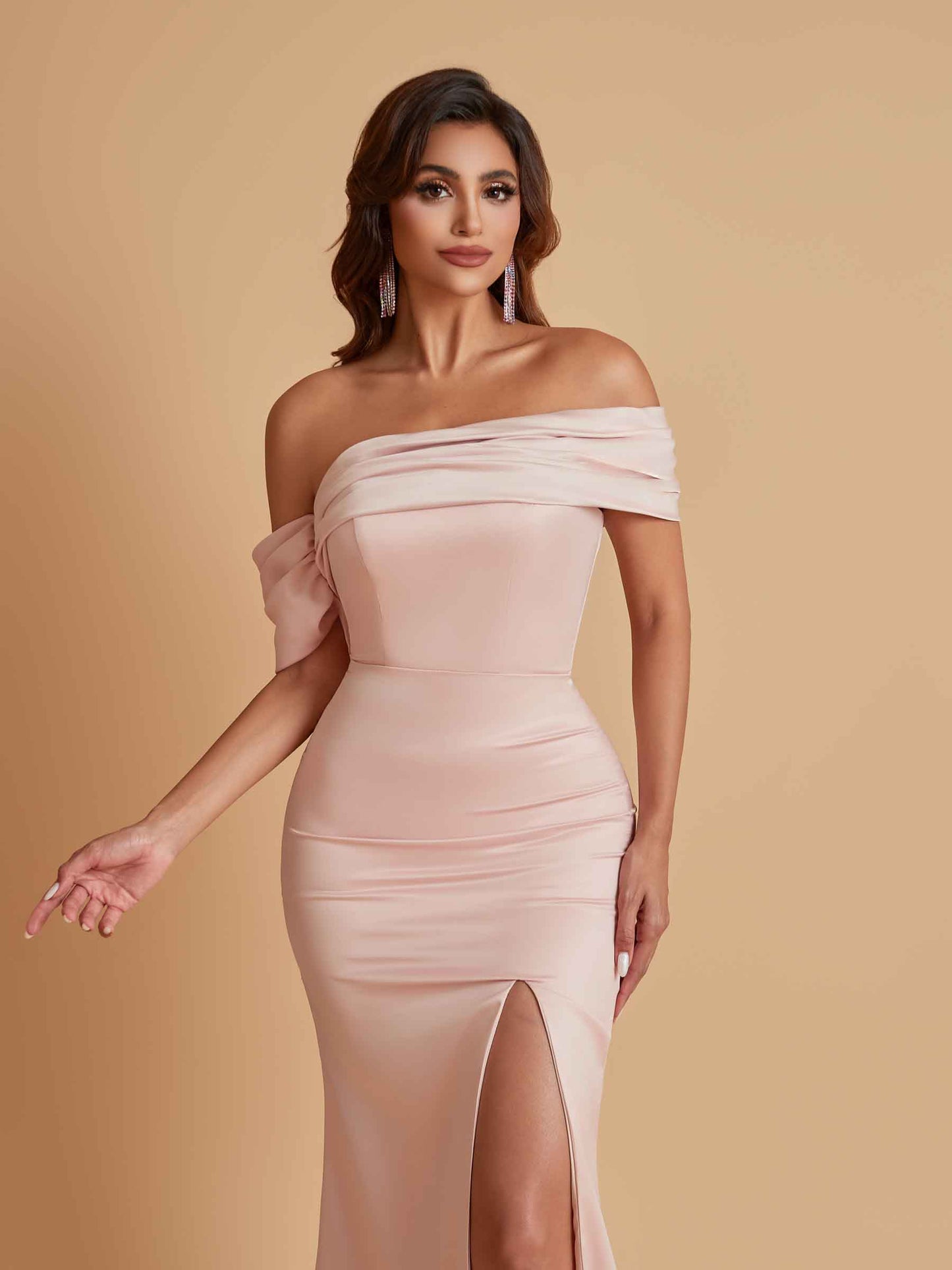 Elegant Soft Satin Mermaid Off Shoulder Asymmetrical Side Slit Floor-Length Bridesmaid Dresses