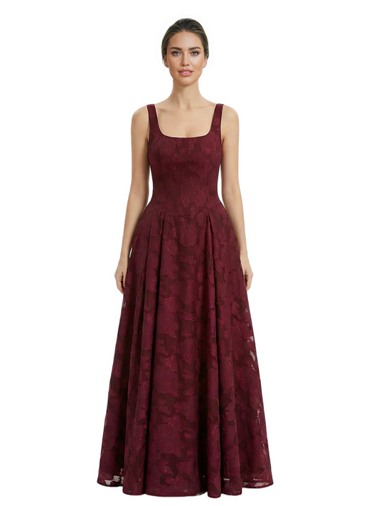 Elegant Square Ruching Floral Burnout Chiffon A-line Formal Evening Dresses