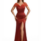 Sexy Cap Sleeves Side Slit Mermaid Satin and Tulle Unique Formal Floor Length Evening Dresses
